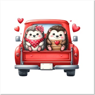 Valentine Hedgehog Couple Sitting On Truck Posters and Art